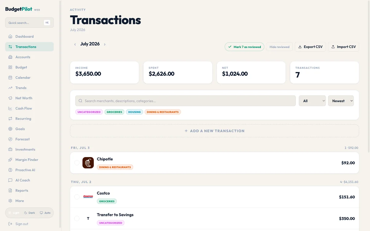 BudgetPilot transactions page for July with income, spent, and net totals, a search bar with category chips, and auto-categorized entries for Chipotle and Costco